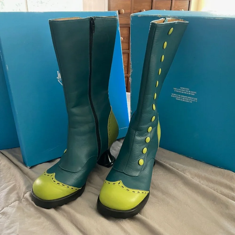 RARE Fluevog Babycakes Boots Turquoise Teal Green 7.5 Victorian Festival Retro - Picture 2 of 15